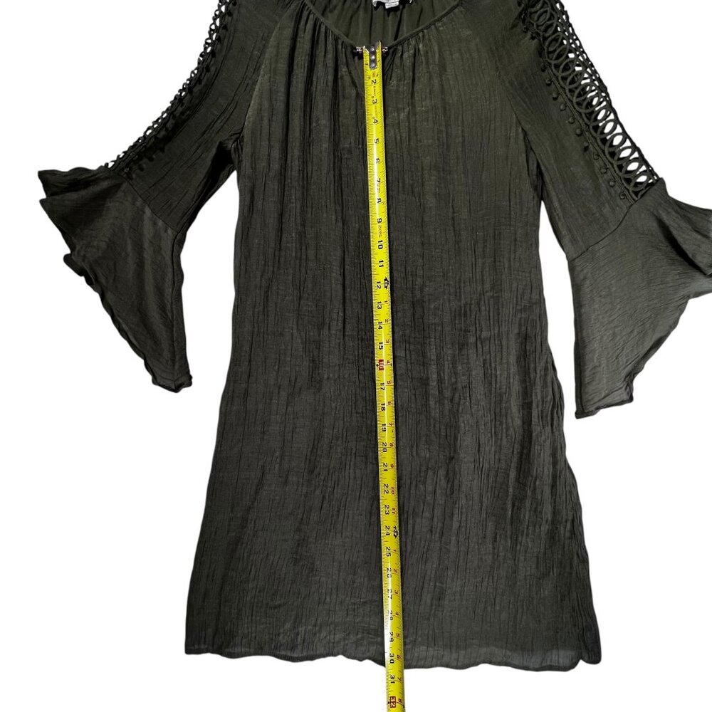 Indigo Rose Olive Green Bell Sleeve Boho Dress Lined Cutout Crochet Sleeves - Picture 11 of 14